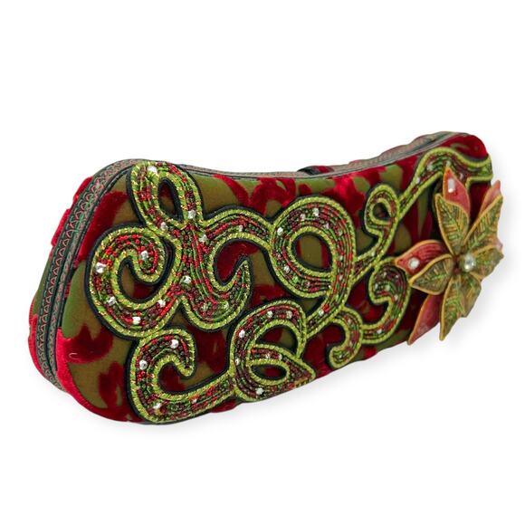 Mary Frances Vintage Christmas Beaded Baguette Hard Shell Handbag Poinsettia - Picture 5 of 15